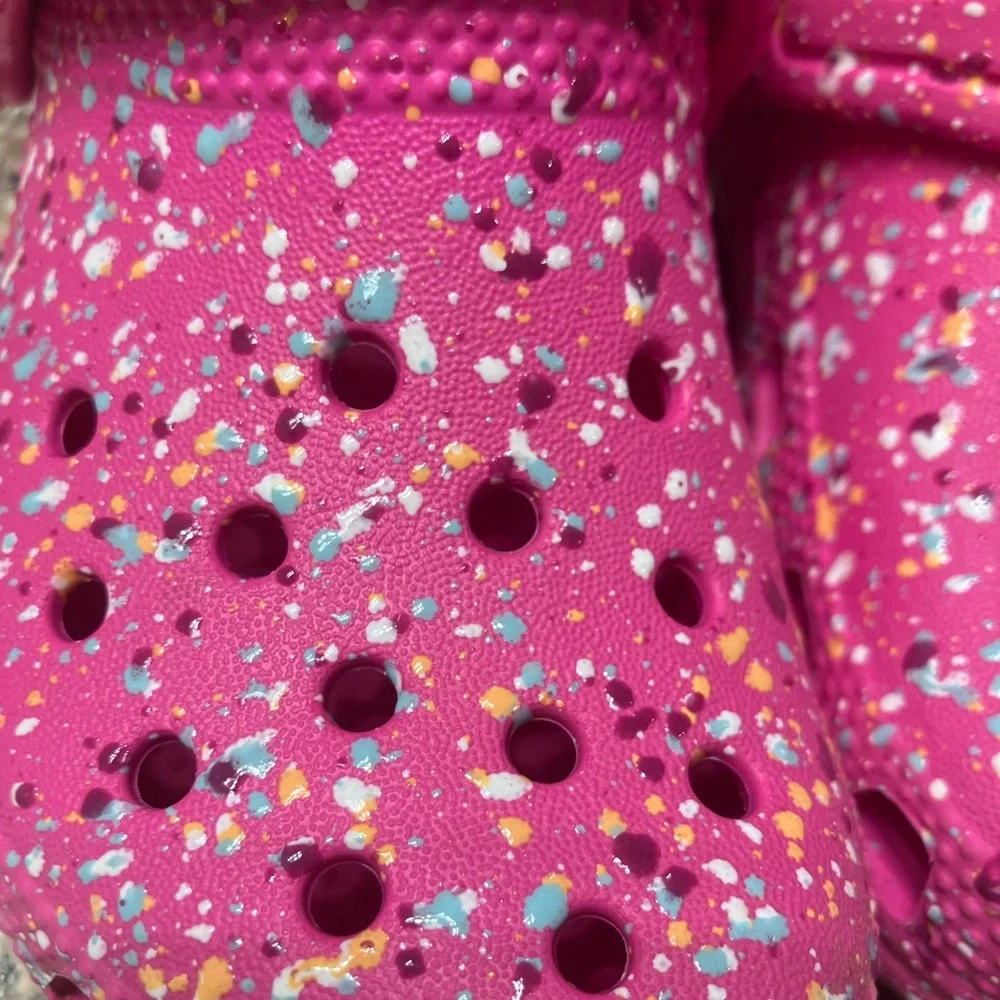 Toddler Pink Crocs with Multicolor Paint Splatter Design, Size:9, EUC - Picture 2 of 8